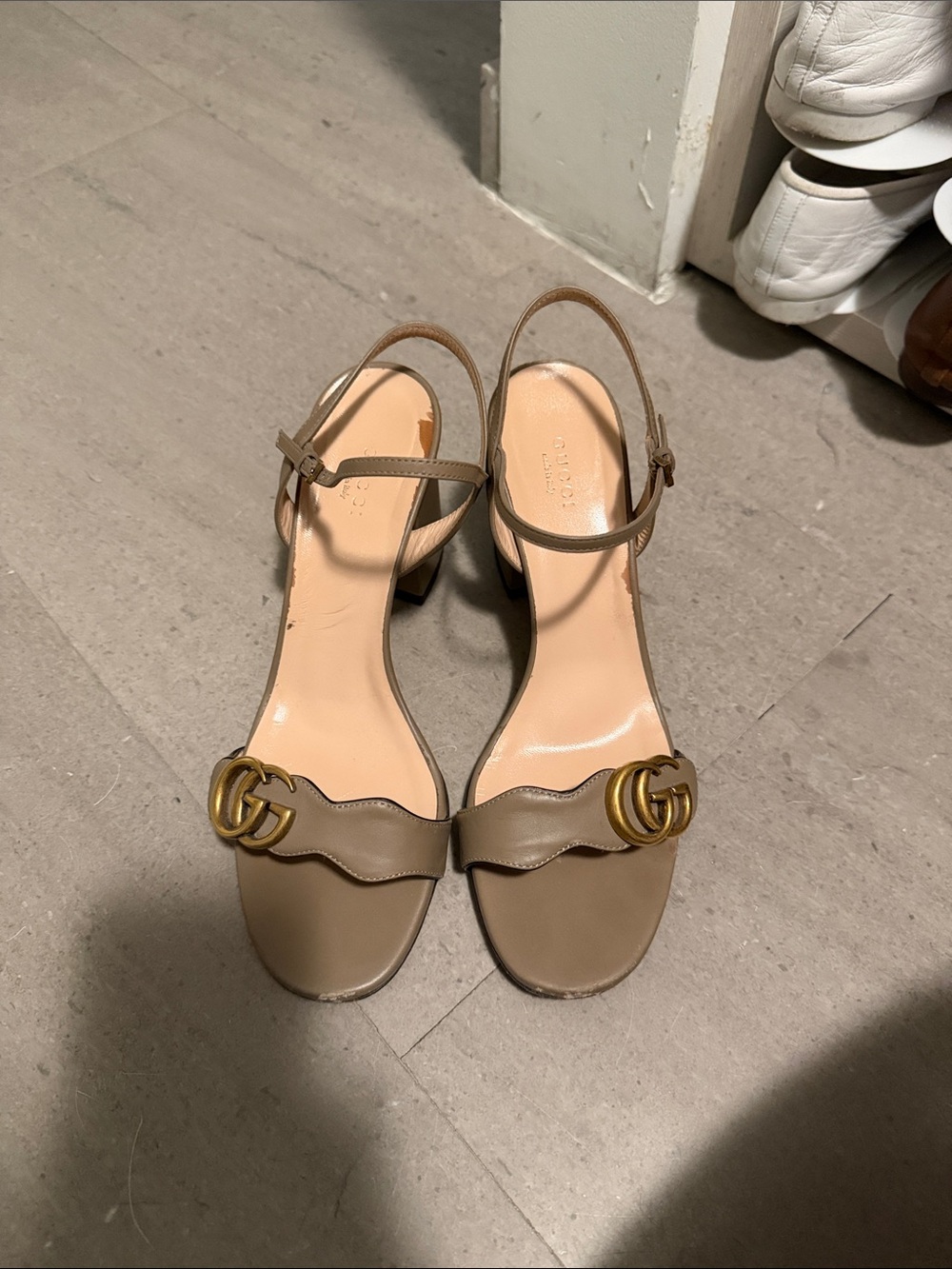 Gucci Taupe Leather Slingback Heels with Gold Double G